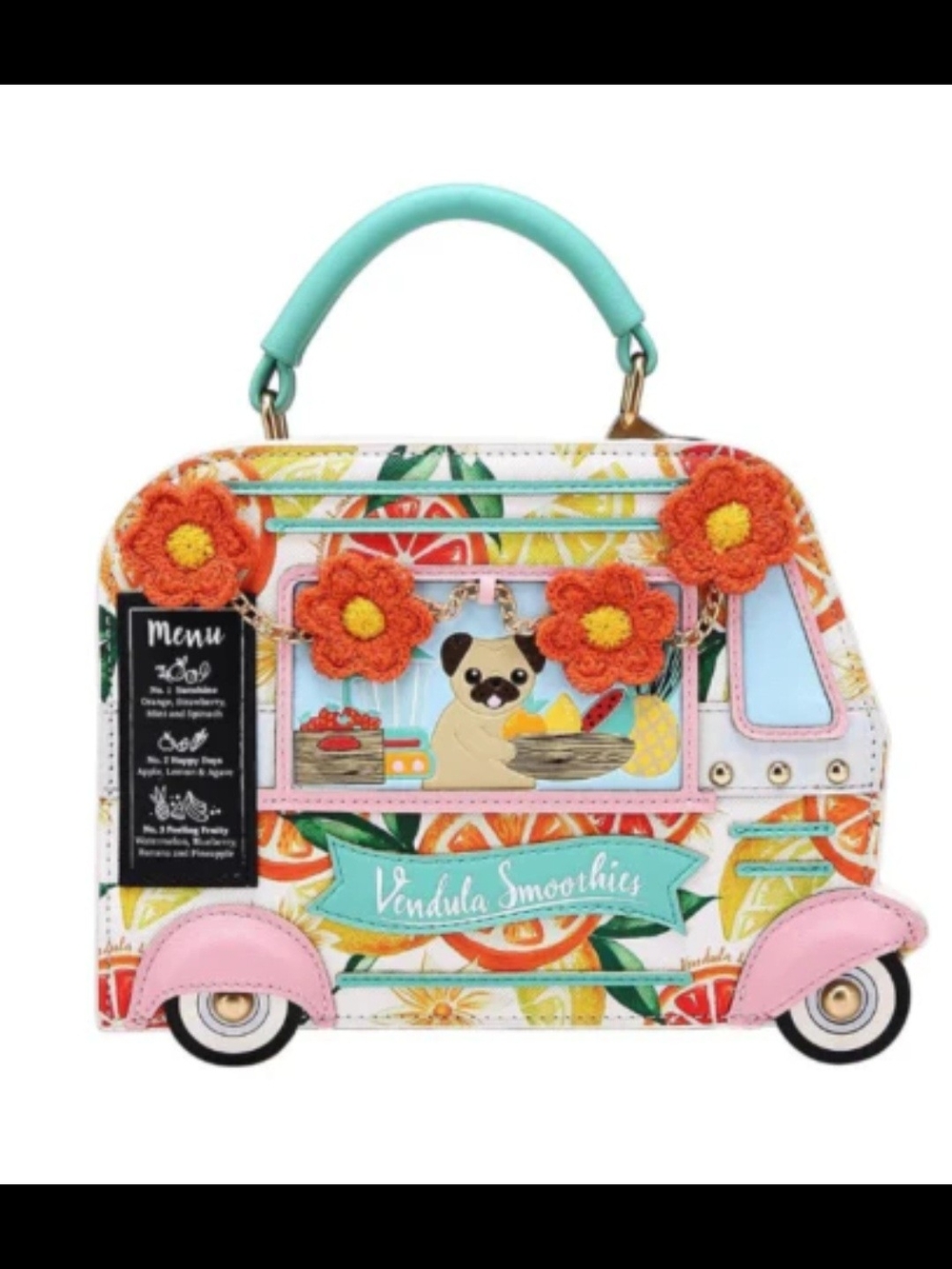 Vendula London Pug Smoothie Truck Bag Purse Pineapple NWT